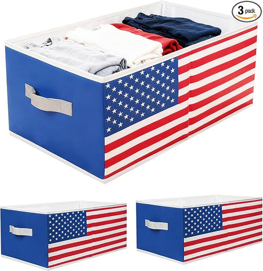3 Pack Oxford Fabric Storage Bins with Beautiful Flag Print, Large Closet Organizers and Storage, Sturdy Foldable Clothes Organizer Box with PU Handles, Ideal for Cloth Toys Books Storage Baskets