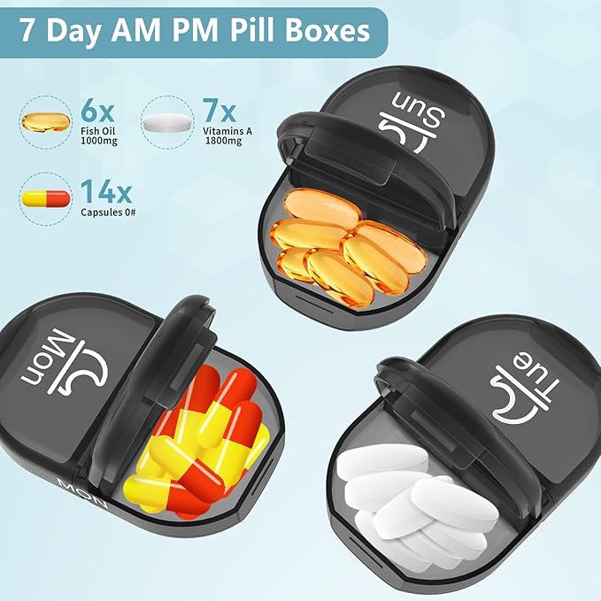 Serfeymi Weekly Pill Organizer 2 Times a Day Travel Medicine Pill Organizer AM PM Pill Box 7 Day with Protection Pill Case Daily Medication Organizer For Vitamins, Supplement-Black Case+Black Pill box