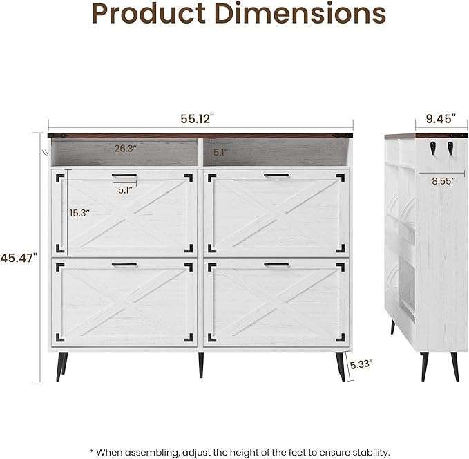 Shoe Storage Cabinet with 4 Flip Drawers Narrow Shoe Rack Cabinet Farmhouse Design Freestanding Shoe Organizer with Open Storage for Entryway,Hallway,Foyer,White Walnut