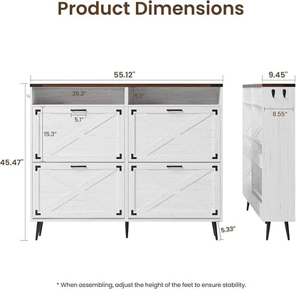 Shoe Storage Cabinet with 4 Flip Drawers Narrow Shoe Rack Cabinet Farmhouse Design Freestanding Shoe Organizer with Open Storage for Entryway,Hallway,Foyer,White Walnut