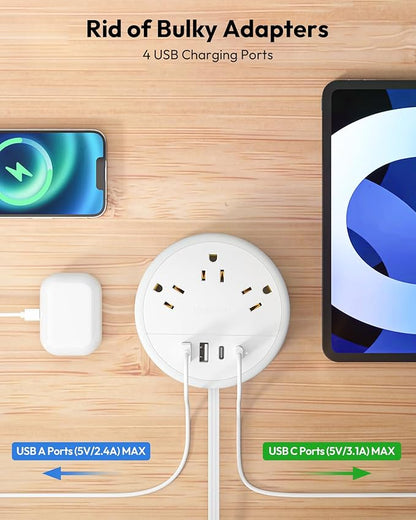 NTONPOWER Travel Power Strip, Travel Essentials, Cruise Essentials 3 Outlets 4 USB Ports(2 USB C), 4FT Wrapped Around Extension Cord for Travel Cruise Ship Beach Vacation Essentials White