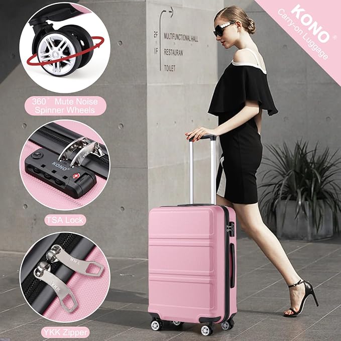 Kono 24 Inch Luggage Suitcase with Spinner Wheels TSA Lock Lightweight PC+ABS Hardside Medium Checked Luggage Durable Rolling Suitcase Pink
