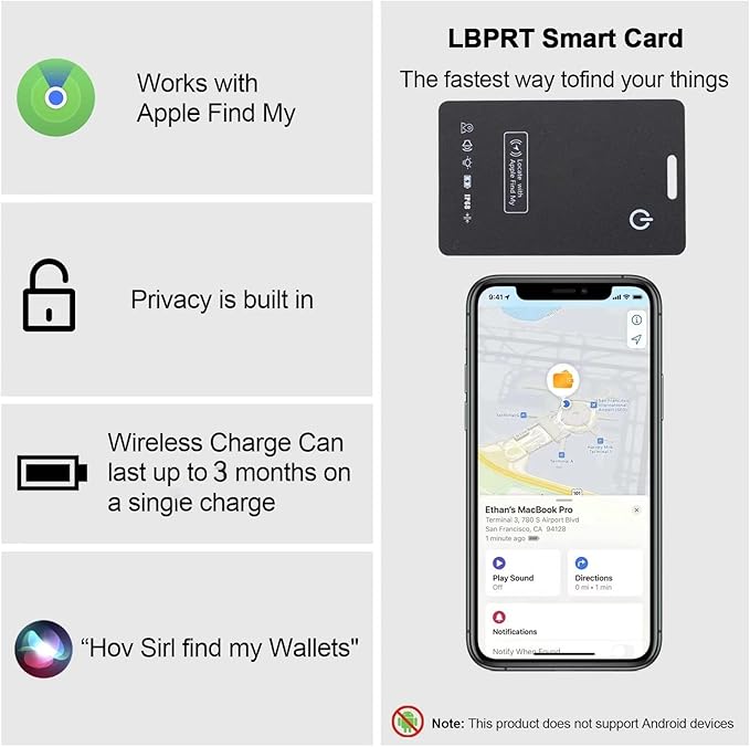 [Apple MFi Certified] LBPRT Air-Tag Card Rechargeable Wallet Tracker Thin 1.6mm, Item Finder Work with Apple Find My APP (iOS Only, Android not Supported) Smart Locator for Luggage Suitcase, Purse,Bag