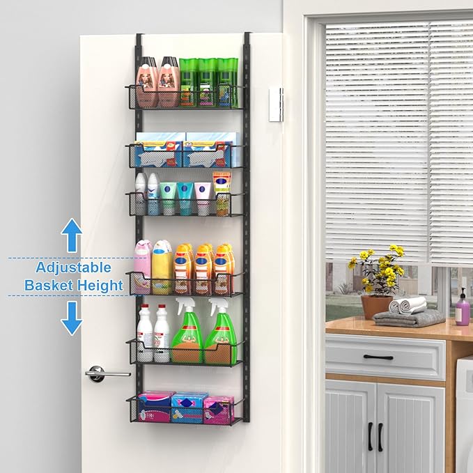 12.3" W Narrow Over the Door Pantry Organizer, 6-Tier Over the Door Organizer with Adjustable Basket, Pantry Door Organization for Pantry Kitchen Storage Room Spice Rack, Black