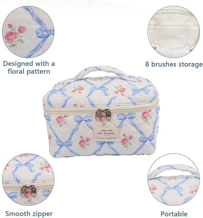 Large Makeup Bag, Cute Cosmetic Bag for Women Girls, Floral Coquette Aesthetic Toiletry Bag, Travel Make Up Organizer Bag (Blue Butterfly)