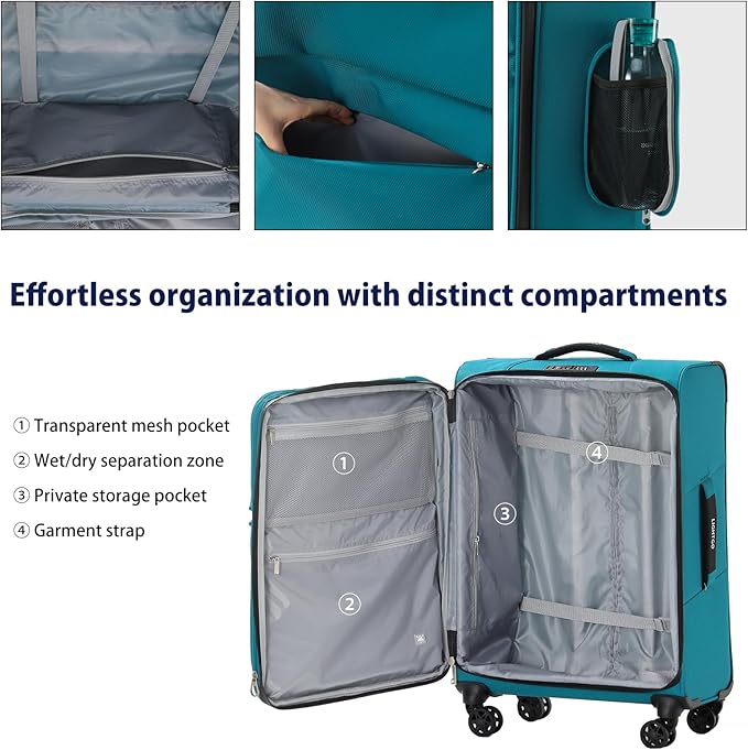 LIGHTGO Lightweight Softside Luggage,20inch Carry on, Water-Resistant, TSA Approved Lock, Spinner Wheel, Turquoise, 20inch
