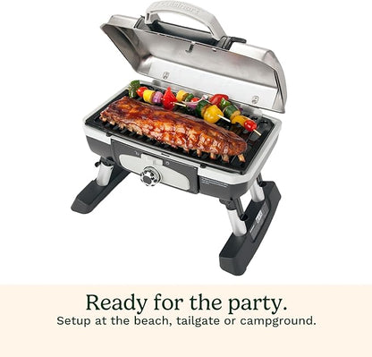 Cuisinart Petite Gourmet Portable Gas Grill, Compact Portable Grill Propane, 150 Sq. In. Cooking Surface, 5,500 BTU Burner Small Gas Grills for Camping, BBQ, Folding Legs and Carry Handles, Stainless