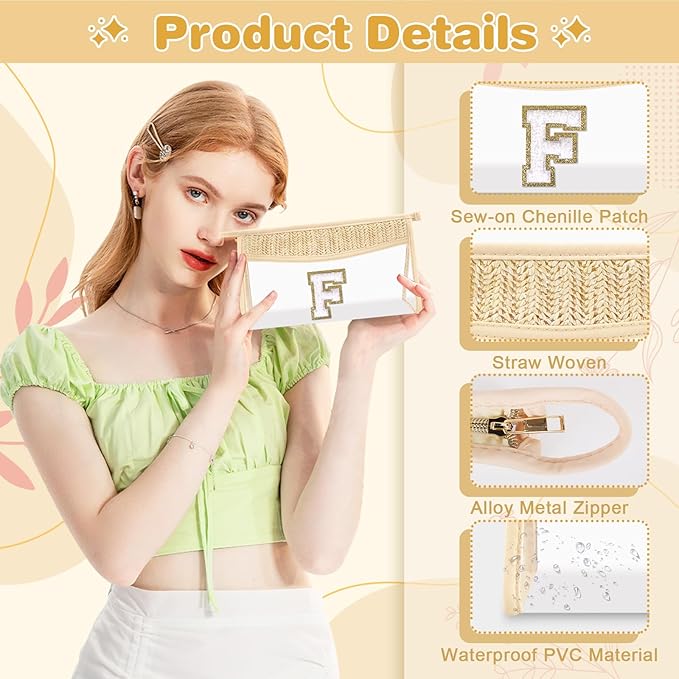 Personalized Initial Letter Bag Boho Straw Clear Makeup Bag,Small Cute Chenille Varsity Letter Bag With Zipper,Beach Travel Toiletry Bag,Portable Monogrammed Cosmetic Bag for Women Girls,F