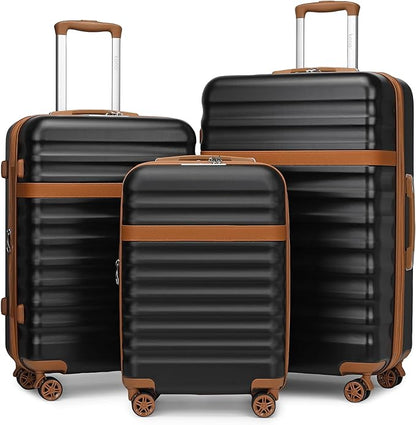 Kono Luggage Set 3 Pieces Expandable PC ABS Durable Suitcase Hardside with Double Spinner Wheels Tsa Lock Black Brown(20in/24in/28in)