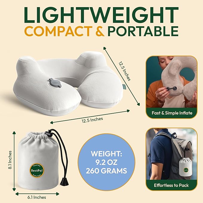 Adjustable Memory Foam Sides Inflatable Travel Neck Pillow | Super Soft, Compact & Portable Neck Support Pillow (Light Gray, Standard)