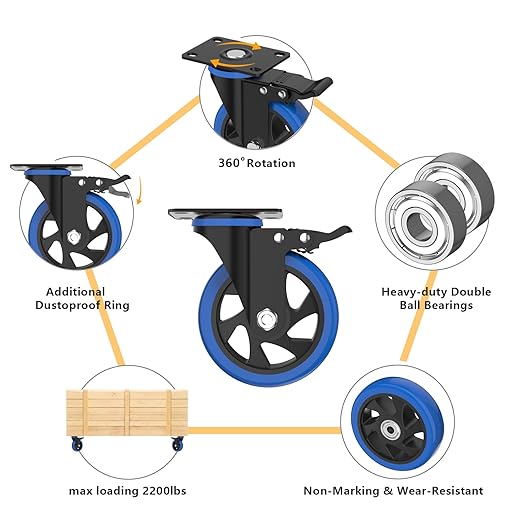 5'' Caster Wheels with Brake, Heavy Duty Casters Set of 4, Swivel Top Plate Casters with Double Ball Bearings, Industrial Locking Castor Wheels for Furniture, Workbench, Cabinet