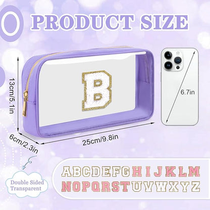Small Clear Personalized Initial Makeup Bag,Nylon Preppy A-Z Chenille Letter Patch Cosmetic Pouch Beach Toiletry Bag,Waterproof Zip Travel Purse Storage Bag Organizer for Women Girls(Purple-White B)