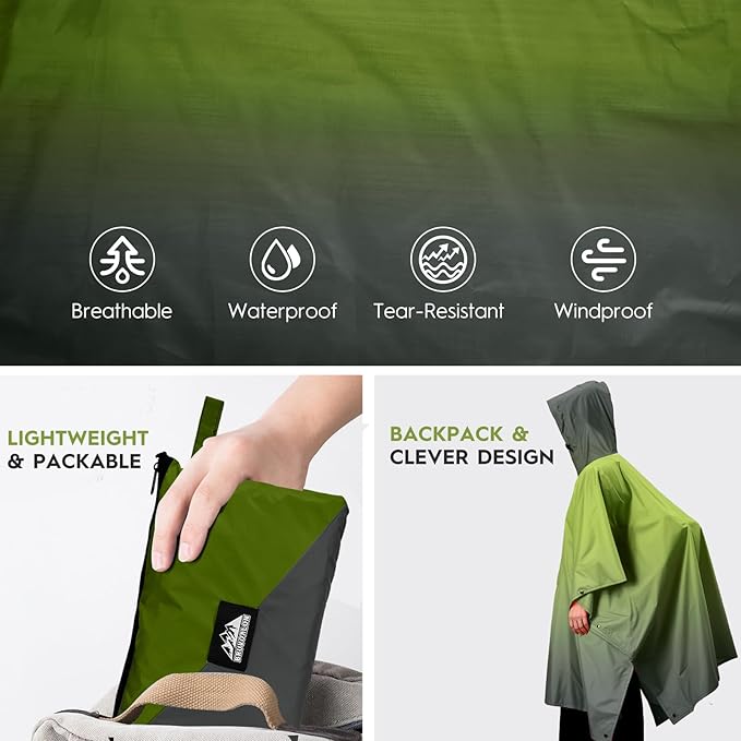 Bruvoalon 3-in-1 Rain Poncho with 1/4 Zip & Chest Pocket, Waterproof, Sunshade, Ground Mat for Adults & Youth Emergency