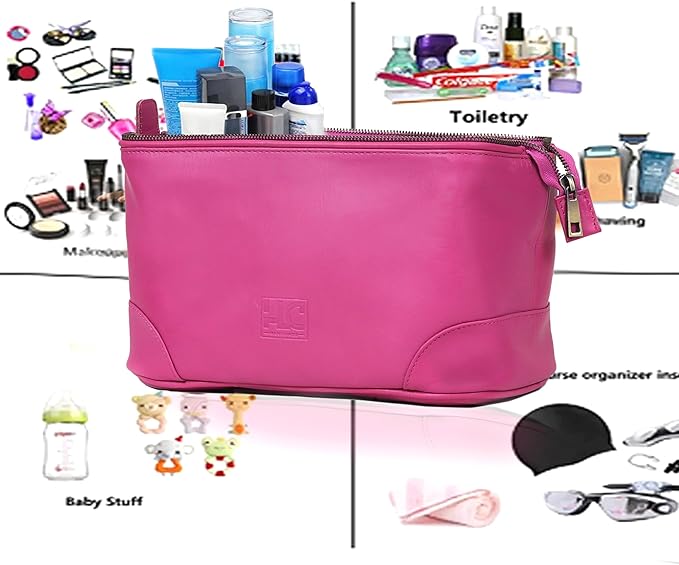 HLC Leather Toiletry Bag for Men Best Gift Premium Genuine Dopp Kit Shaving Kit Organizer Travel Kit Pouch Bag 10 inch Size (Pink)