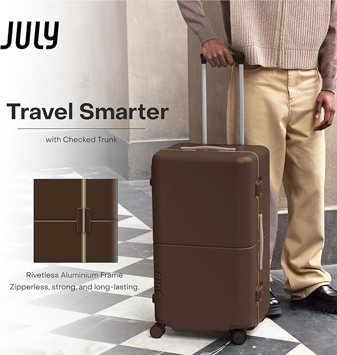 Checked Trunk - 26.8" Zipperless Airline Approved Check In Luggage with Wheels, 80/20 Opening Spinner Suitcase - TSA Lock Rolling Suitcase, Spinner Wheels, Y-Strap - Matte Brown