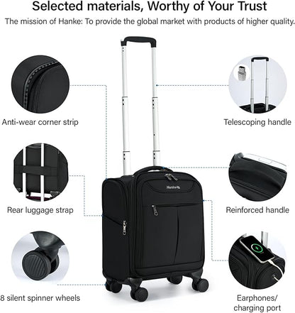 Hanke Underseat Carry On Luggage with Wheels, Lightweight Small Suitcase Airline Approved 16 Inch Softside Personal Item Travel Bag for Women Men, Compact Under Seat Luggage with Spinner Wheels,Black