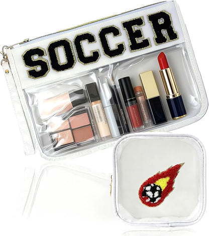 2 Pcs Football Gifts Makeup Bag with Chenille Letter Patch,with Handles football PVC Waterproof Clear Makeup Bag,Portable Toiletry Storage Bag,Players & Fans Birthday, Team or Sports Lover Presents