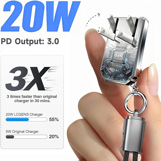 USB C Charger for iPhone 16/15 Charger Fast Charging,GaN Keychain Design Fast Wall Charger Block with USB C to C & C to Lightning Cable, for Men,Foldable and Compact for iPhone(Gray)