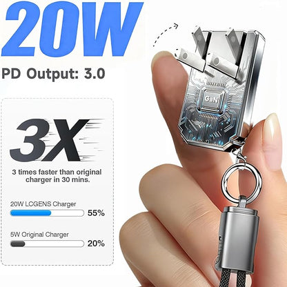 USB C Charger for iPhone 16/15 Charger Fast Charging,GaN Keychain Design Fast Wall Charger Block with USB C to C & C to Lightning Cable, for Men,Foldable and Compact for iPhone(Gray)