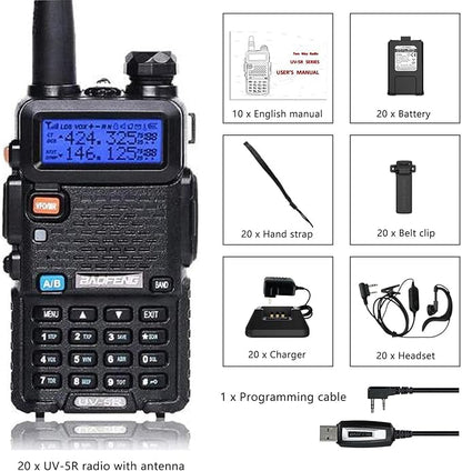 BAOFENG UV-5R Ham Radio Handheld Two Way Radio Long Range Walkie Talkies for Agriculture, Churches, Golf Course, Racing, Security, Warehouse (Black, 20 Pack)