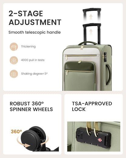 LOVEVOOK Carry on 22x14x9 Airline Approved,20 inch Lightweight Waterproof Suitcases with 360° silent swivel wheels, TSA Lock and Compartment, Large Capacity travel Suitcase Green-white
