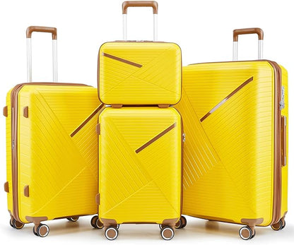 4-Piece Expandable Hardshell Luggage Set with TSA Lock (14/20/24/28) - Lightweight PP Suitcases, 360° Silent Spinner Wheels and Durable 100LB Handle for Air Travel (D# Yellow)