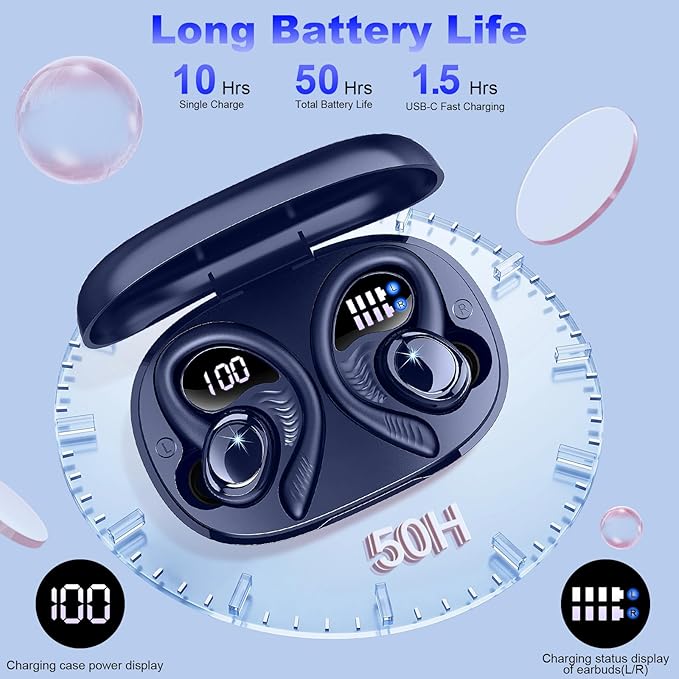 Wireless Earbuds Sport, New Bluetooth 5.4 Headphones with Earhooks, 50H Stereo Deep Bass Over Ear Buds with 4 ENC Noise Canceling Mics, IP7 Waterproof Earphones for Running Workout Gym -Blue