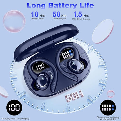 Wireless Earbuds Sport, New Bluetooth 5.4 Headphones with Earhooks, 50H Stereo Deep Bass Over Ear Buds with 4 ENC Noise Canceling Mics, IP7 Waterproof Earphones for Running Workout Gym -Blue