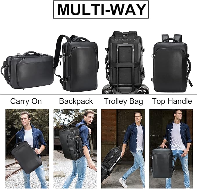 Masa Kawa Leather 15.6 Inch Laptop Backpack for Men Expandable 36L Business Travel Rucksack Daypack Weekender Bag