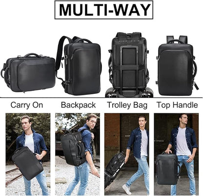 Masa Kawa Leather 15.6 Inch Laptop Backpack for Men Expandable 36L Business Travel Rucksack Daypack Weekender Bag