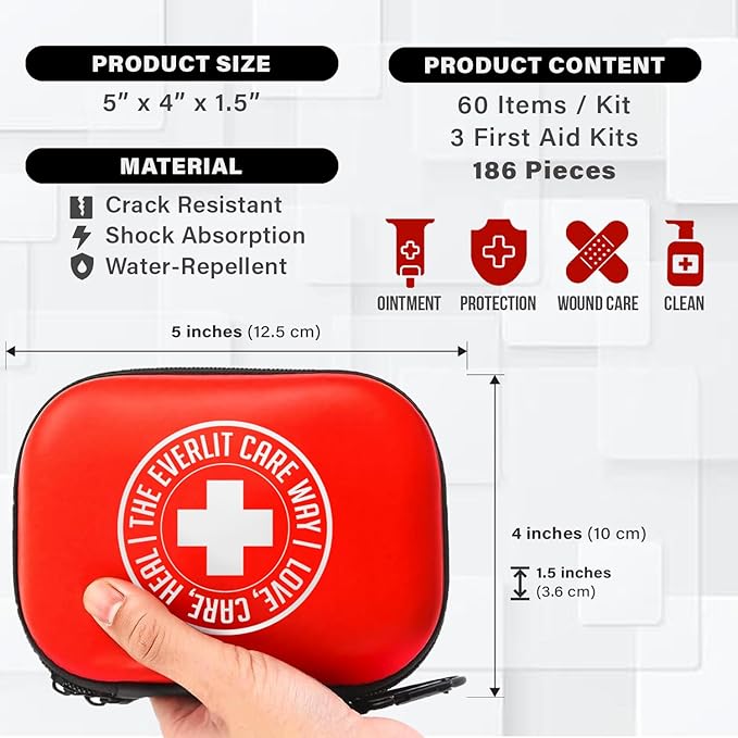 MiniAid First Aid Kit | Compact & Lightweight Case with Carabiners for Travel | Family & Kid Friendly 180 Pcs Wound Care Supplies for School, Work, Outdoor, Home & Office | Pack of 3