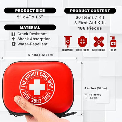 MiniAid First Aid Kit | Compact & Lightweight Case with Carabiners for Travel | Family & Kid Friendly 180 Pcs Wound Care Supplies for School, Work, Outdoor, Home & Office | Pack of 3