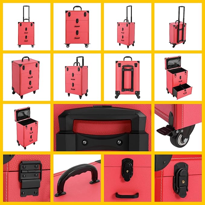 Rolling Makeup Case w/ 2 Keys, 3-tier Lockable Makeup Train Case w/ Drawers, Removable Baffle Nail Polish Organizer, Travel Cosmetic Case w/ 15-34in Telescopic Rod, 14.2*9*39.76in, Black Latch+Rose