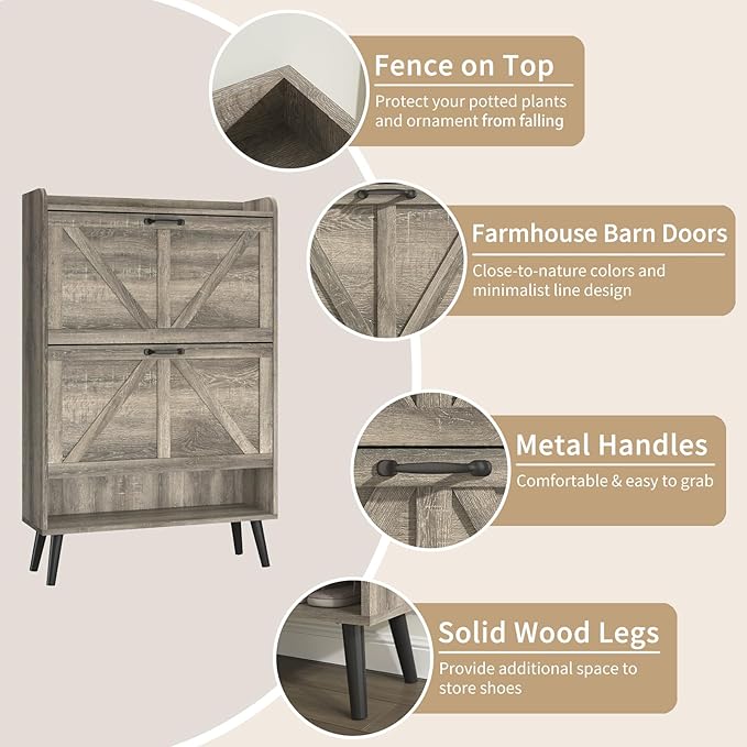 Shoe Storage Cabinet with 2 Flip Drawers, Hidden Shoe Cabinet Storage for Entryway Slim, Farmhouse Shoe Organizer with Wood Legs, Narrow Shoe Rack Cabinet, Washed Gray