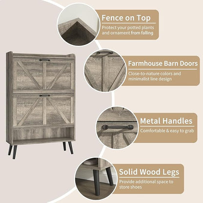 Shoe Storage Cabinet with 2 Flip Drawers, Hidden Shoe Cabinet Storage for Entryway Slim, Farmhouse Shoe Organizer with Wood Legs, Narrow Shoe Rack Cabinet, Washed Gray