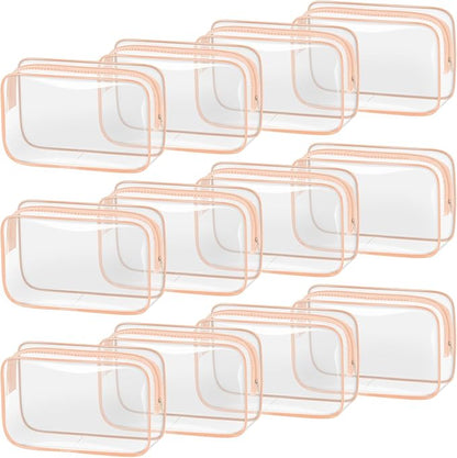 TISRATOK 12 PCS Clear Makeup Bag for Women with Zipper, TSA Approved Toiletry Pouch, Cosmetic Bag Bulk for Travel Organizer Essentials - Orange-pink, Medium