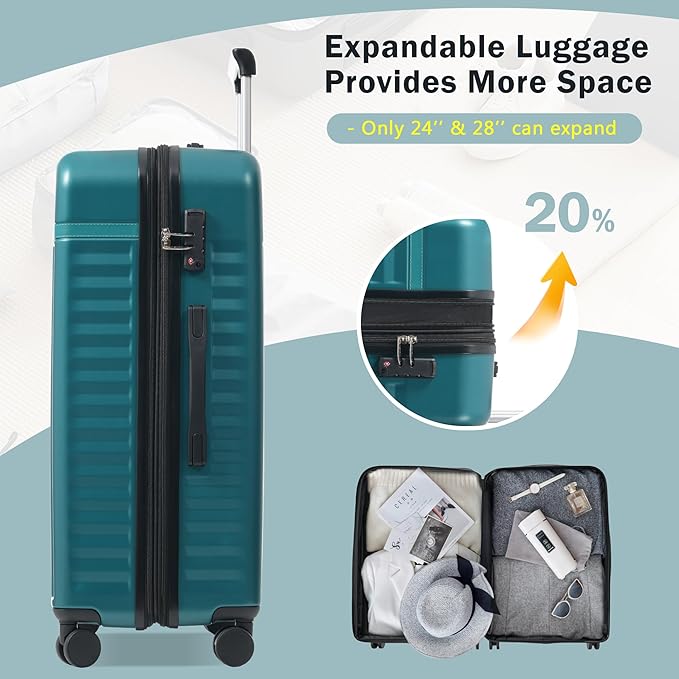 Merax 3 Piece Luggage Sets, Hardside Lightweight Carry on Suitcase,Durable Expandable Luggage with Travel Bags Spinner Wheels and TSA Lock,Dark Green