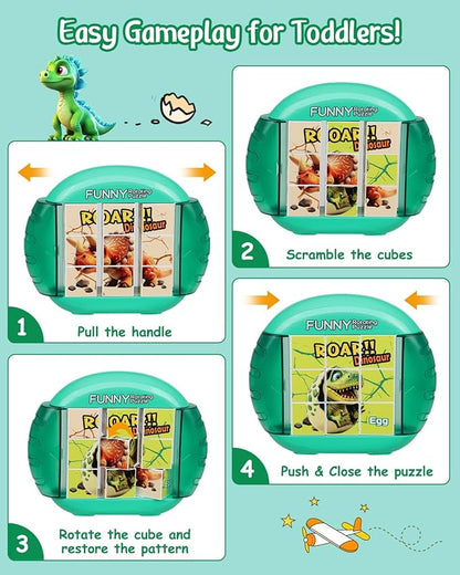 Rotating 3D Puzzle for Kids 3 4 5 6 7 Year Old, 4 Puzzles in 1, Handheld Game Fidget Toys for Travel, Cars & Plane, Fine Motor Skills Developing (Roar Dino Squad)