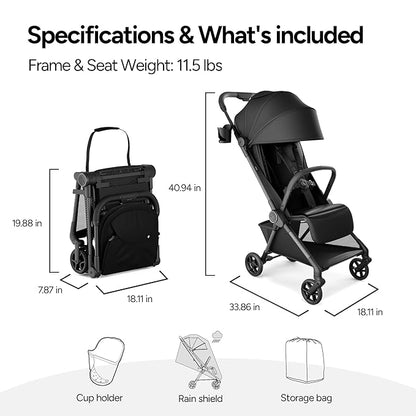 Mompush Nexis Carbon Travel Stroller, Ultra-Lightweight 11.5 lbs, Compact & Airplane Carry-On Approved, One-Second Auto-Fold, One-Hand Full Recline, from Birth to 50 lbs, JPMA Certified