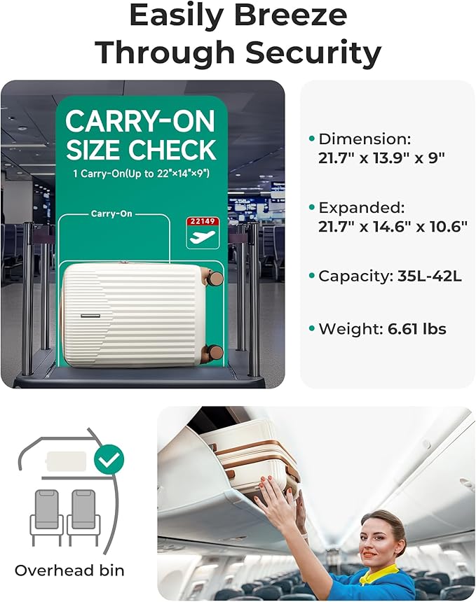 BAGSMART Carry On Luggage 22x14x9 Airline Approved with Spinner Wheels,100% PC Hardside Expandable Luggage with TSA Lock for Trips, 20 Inch Rolling Suitcases for Men Women,Beige