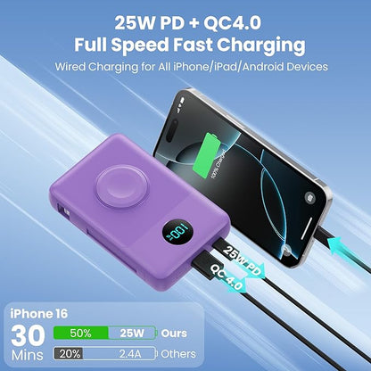 6 in 1 Magnetic Portable Charger for iPhone with Built-in Cables, 10800mAh 25W PD Fast Charging Power Bank, 6 Outputs Travel Essential Battery Pack for iPhone 17/16/15/14/13/12,Apple Watch (Purple)