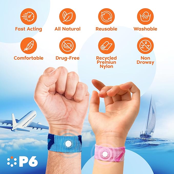 P6 Motion Sickness Bands for Adults Wristbands for Anti Nausea Sea Cruise Travel Car Pregnancy Morning Sickness All-Natural Non Drowsy Relief Acupressure Treatment (2 Pack, Pink - Pink)