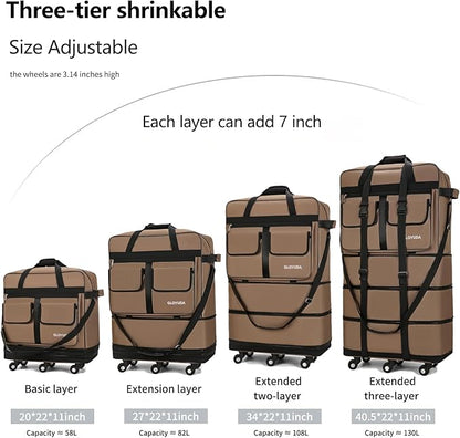 130L Expandable Luggage, 40 Inch Suitcase with Wheels, Collapsible Luggage with Wheels, Rolling Duffle Bag with wheels, Foldable Suitcasewith2Handle Wrap 2Fixing Straps 1Shoulder Strap (khaki)