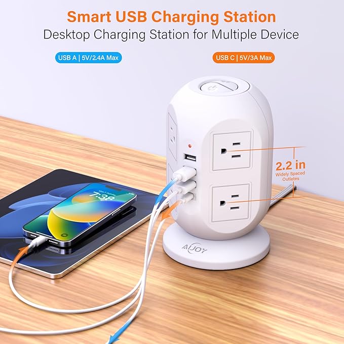 AiJoy Surge Protector Power Strip Tower with 8 Outlets 4 USB Ports(1 USB-C), 10 FT Flat Extension Cord with Multiple Outlets, Charging Tower with Surge Protection for Home Office Dorm Room Essentials