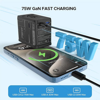 Universal Travel Adapter, 75W GaN International Power Adapter with 3 USB C and 1 USB A, All in One Travel Plug Adapter, Worldwide Outlet Wall Charger Converter for EU US UK AU 200+ Countries.
