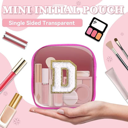 Mini Clear Personalized Initial Makeup Bag,Nylon Preppy A-Z Chenille Letter Patch Zipper Cosmetic Bag, Small Cute Beach Pouch Travel Purse Sanitary Napkin Storage Bag for Women Girls(Hot Pink-White D)