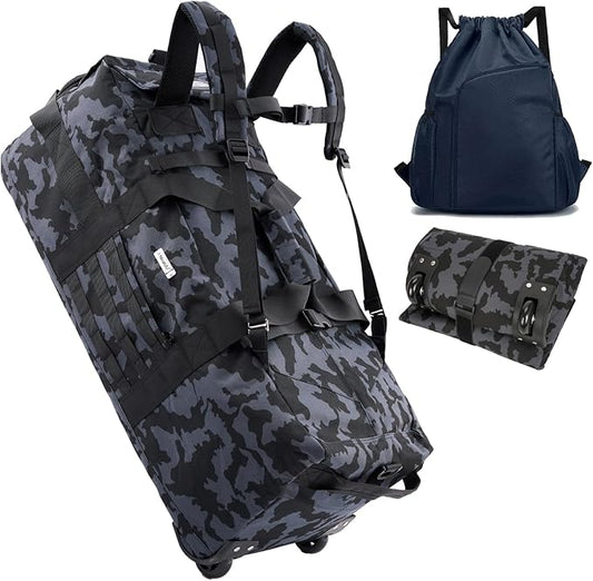 80L Waterproof Rolling Duffel Bag with Quick-Release Straps, Military Tactical Wheeled Foldable For Deployment Traveling Camping Sporting (Camouflage +Drawstring bag)