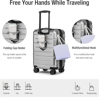KYME Carry On Luggage 22x14x9 Airline Approved Hardshell 20 Inch with TSA Lock Carry On Suitcase with Wheels Small Travel Rolling Luggage with Cup Holder for Women Men Silver
