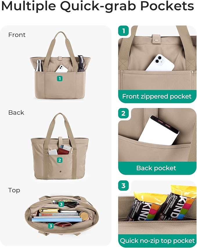 BAGSMART Tote Bag for Women, Foldable Tote Bag With Zipper Travel Large Shoulder Bag Handbag for Work-16.5''l X 6''wx 14''h