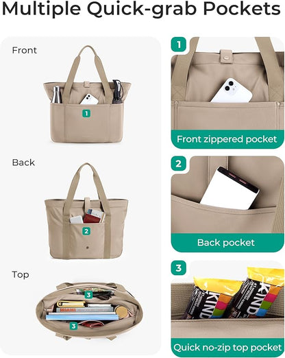 BAGSMART Tote Bag for Women, Foldable Tote Bag With Zipper Travel Large Shoulder Bag Handbag for Work-16.5''l X 6''wx 14''h